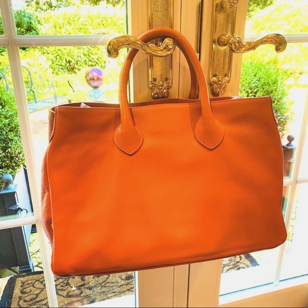 ELISABETTA SLOUCH HANDBAG by MARK & GRAHAM in TANGERINE PEBBLED LEATHER - EUC